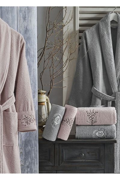 Dantela Σετ οικογενειακής ρόμπας Flora 6 τεμαχίων βαμβακερή - πούδρα/γκρι