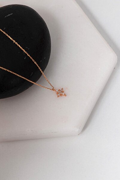 klas gümüş Gümüş Zirkon Taşlı Minimal Kutup Yıldızı Rose Kolye