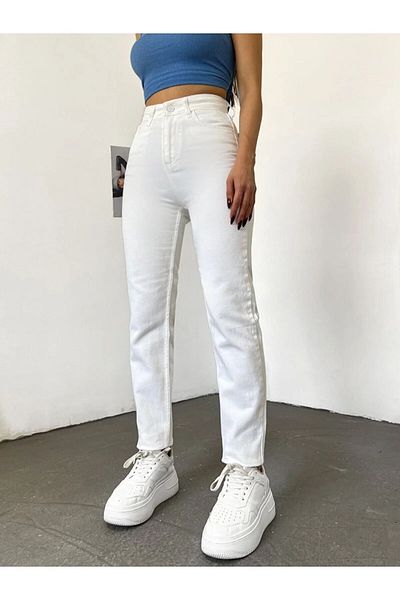 MAKRAS EXCLUSIVE Flora High Waist Lycra White Mom Jeans - Non-Fading Stretchy Jeans