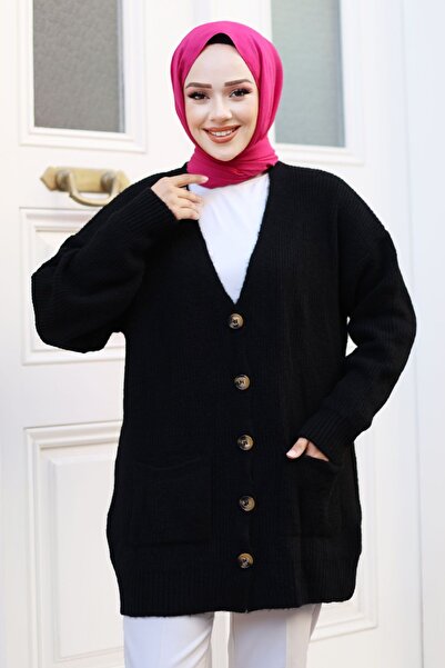 Tesettür Dünyası Black Knitwear CarDigan - TSD witH Buttons anD Pocket Detail 240802