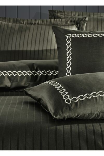 Dantela Khaki Color Double Embroidered Duvet Cover Set - Cotton Satin