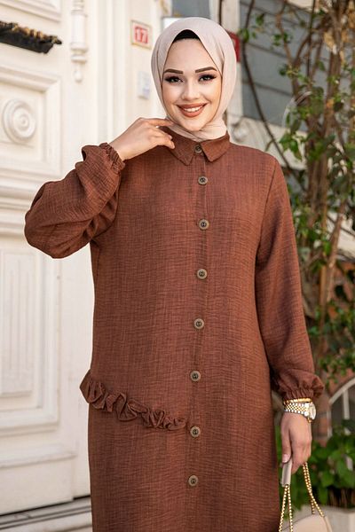 Tesettür Dünyası Linen Tunic - Side Ruffle Detail, Buttoned, Brown TSD240506