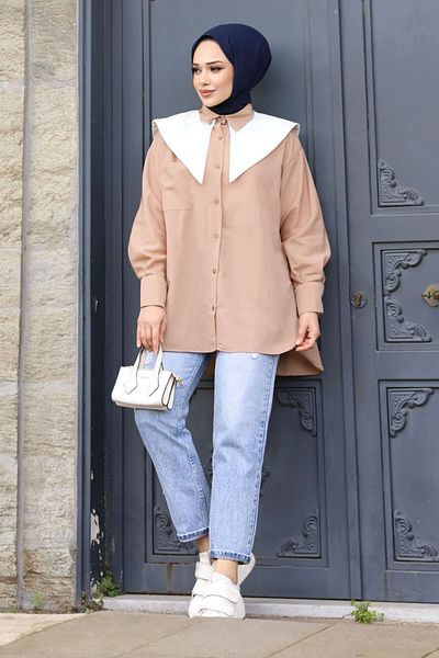 Tesettür Dünyası Camel Pointed Collar Feride Shirt - TSD240220