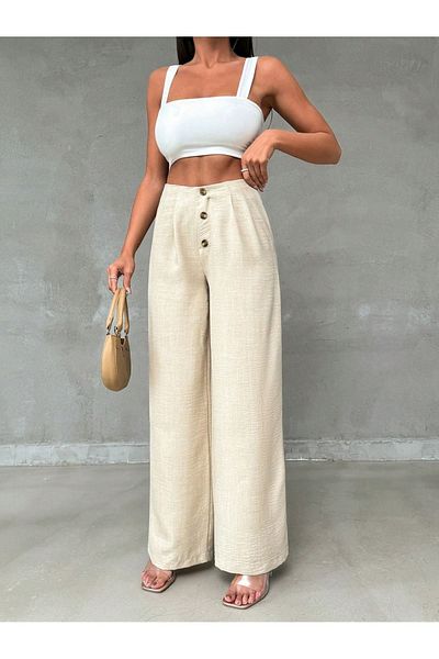 diaves Linen Blended - Stone Colored Loose Cut Trousers