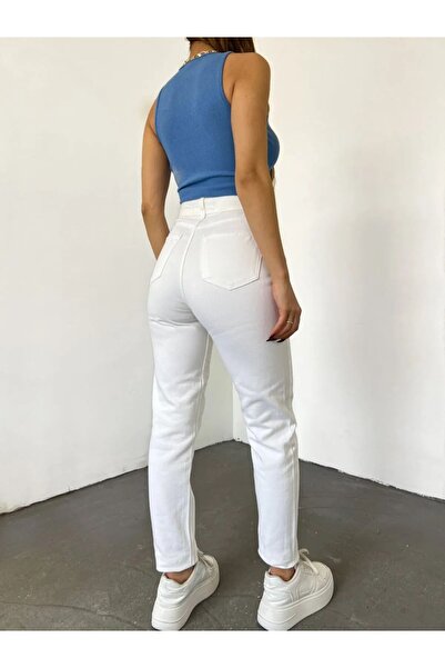 MAKRAS EXCLUSIVE Flora magas derekú Lycra fehér Mom Jeans - Nem fakuló rugalmas farmernadrág