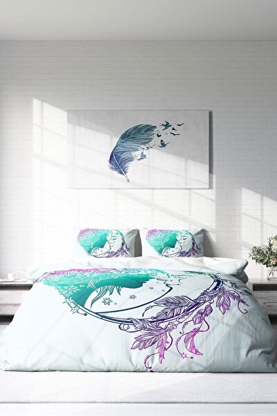 PerlaSera Τρισδιάστατο Προσαρμοσμένο Σχέδιο - Σετ Παπλωματοθήκη από Βαμβακερό Σατέν Διπλό, Moon Romantic