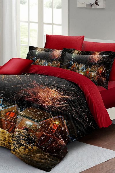 MonoHome New Year Duvet Cover Set Double 100% Cotton Satin Nights Houses