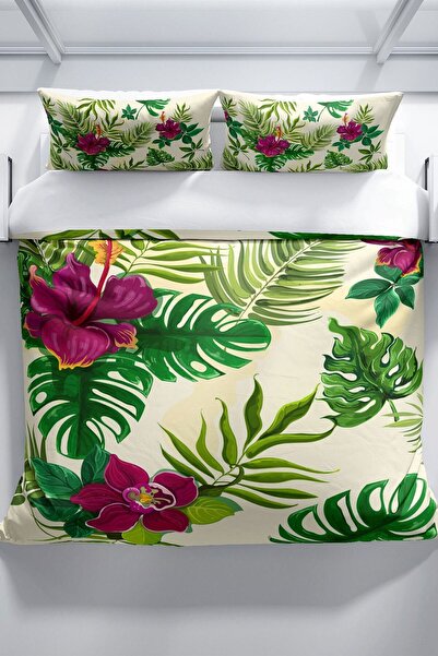 PerlaSera Green 3d Cotton Satin Double Duvet Cover Set