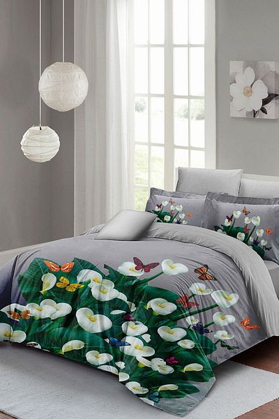 PerlaSera Double Duvet Cover Set - Satin, Cotton, 3D Design Flower Pattern, Spring Gray