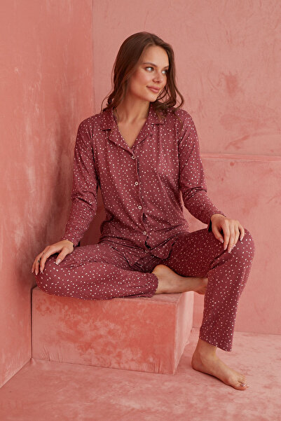 ELİTOL Bambusz hosszú ujjú poros rózsa pizsama szett - pontmintás és elülső gombos