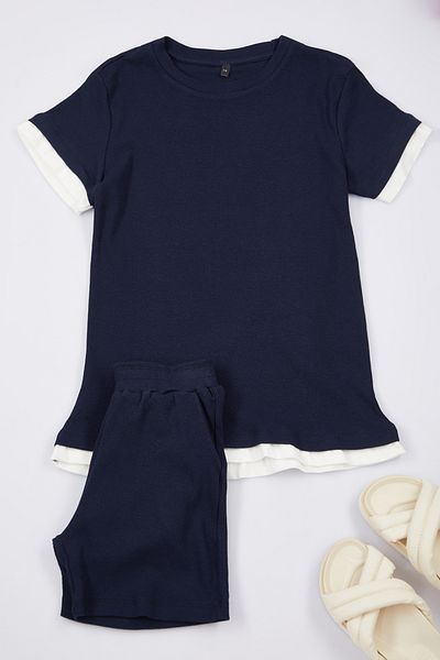 TRENDYOLKIDS Navy Blue Knitted Plain Set - Lower-Upper Set TKDAW25AU00075