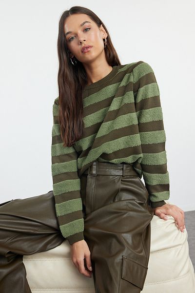 Trendyol Collection Khaki Striped Knitwear Sweater - TWOAW25KZ00234