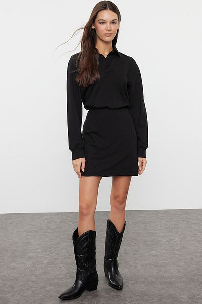 Trendyol Collection Polo Neck Mini Knitted Dress - Black, Body Fitting TWOAW25EL00228