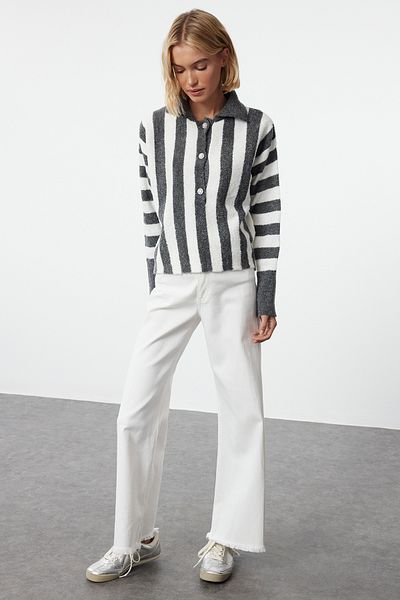 Trendyol Collection Soft Textured Dark Gray Striped Boucle Knitwear Sweater - Twoaw25kz00188