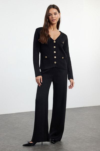Trendyol Collection Knitwear Top and Bottom Set - Black with Button Detail Twoaw25Au00085