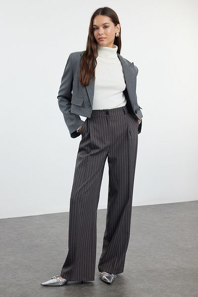 Trendyol Collection Anthracite Striped Wide Leg Woven Trousers - Normal Waist TWOAW25PL00023