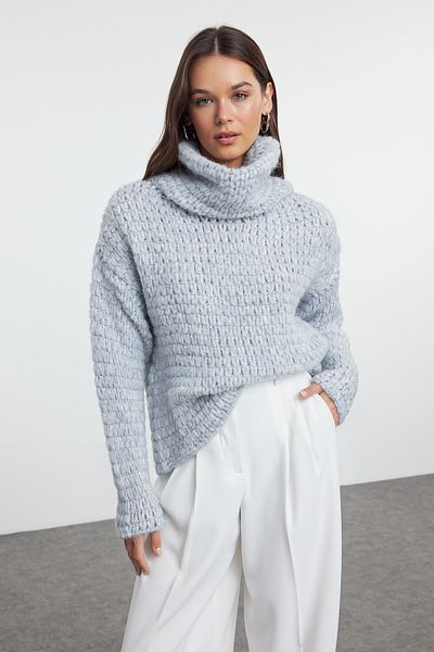 Trendyol Collection Pulover de tricotaj albastru deschis cu guler din dantelă - potrivire largă TWOAW25KZ00299