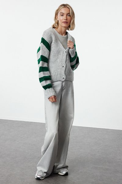 Trendyol Collection Color Blocked Gray Striped Soft Knitwear Cardigan - Twoaw25Hi00206