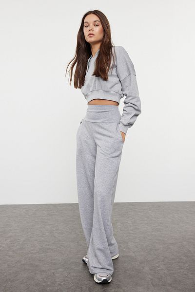 Trendyol Collection Magas derekú, széles szárú szürke nadrág - Twoaw25pl00026