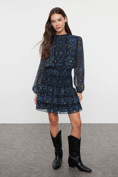 Trendyol Collection Gewebtes Winterkleid – Saks-Schalmuster, TWOAW21EL1776