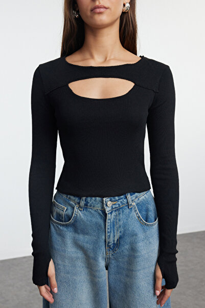 Trendyol Collection Fekete-piros 2 részes testhezálló bordás kötött blúz - kivágott részlet, rugalmas TWOAW25BZ00059