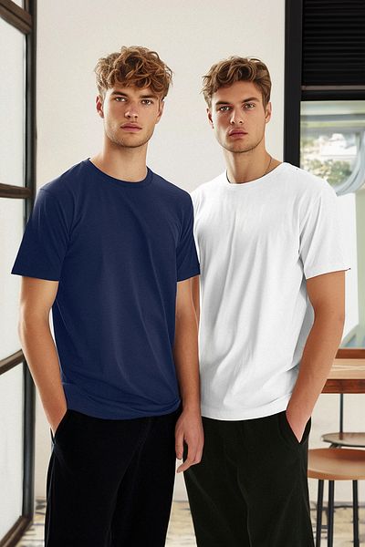 Trendyol Collection Sötétkék-fehér karcsúsított rövid ujjú póló 100% pamut 2 csomag - TMNSS19BO0075