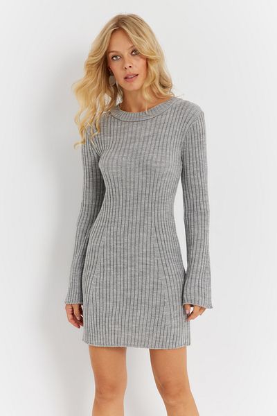Cool & Sexy Gray Spanish Sleeve Knitwear Mini Women's Dress - YV273