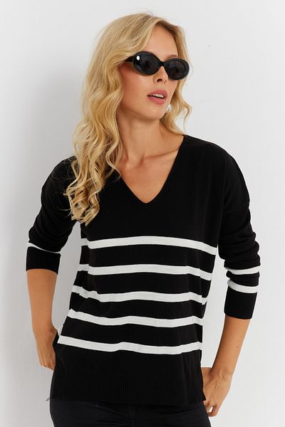 Cool & Sexy Pulover de damă cu decolteu în V cu dungi - YİL550