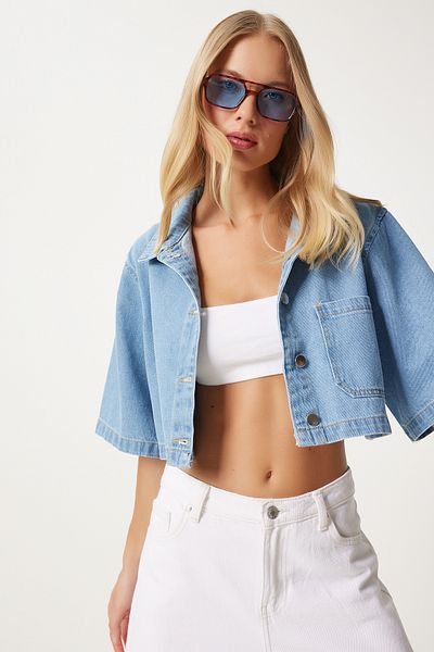 Happiness İstanbul Dámská bunda Blue Crop Denim – kapsy, WF00083