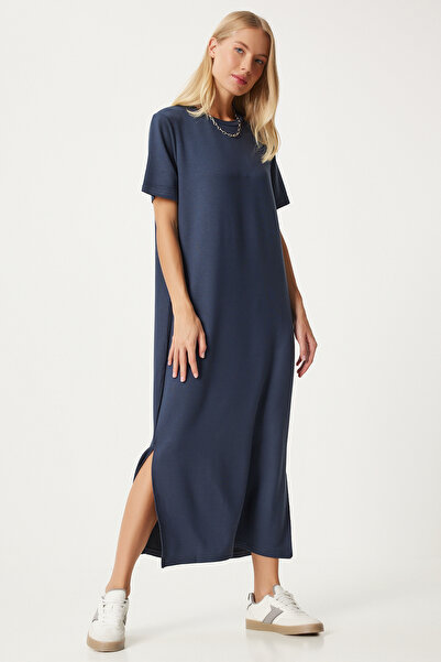 Happiness İstanbul Dlouhé letní pletené šaty kouřové barvy - boční rozpark HW00011