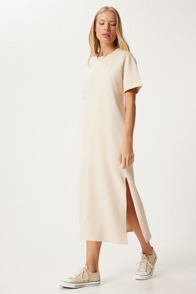Happiness İstanbul Damen Creme Baumwolle Sommer Casual gekämmt Kleid UB00080