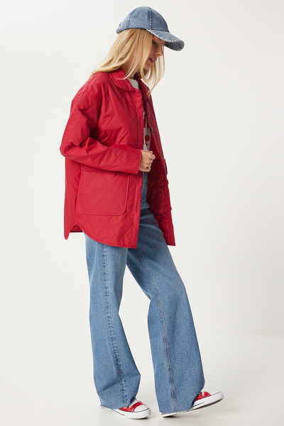 Happiness İstanbul Red Oversize Quilted Women's Coat - PocKeted, FO00001