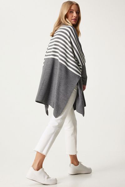 Happiness İstanbul Gray StripedOversizeSide Slit Women's Sweater - Dd01336