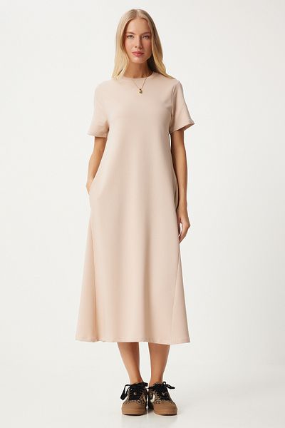 Happiness İstanbul Rochie de vară din bumbac pieptănat în linie A bej pentru femei UB00060