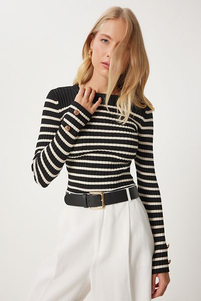 Happiness İstanbul Μαύρη EcruSaran Knitwear Μπλούζα - Λεπτομέρεια με κουμπί, Fn03307