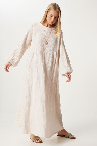 Happiness İstanbul Cremefarbenes Musselin-Kleid mit Ballonärmeln – bequeme Passform DM00141