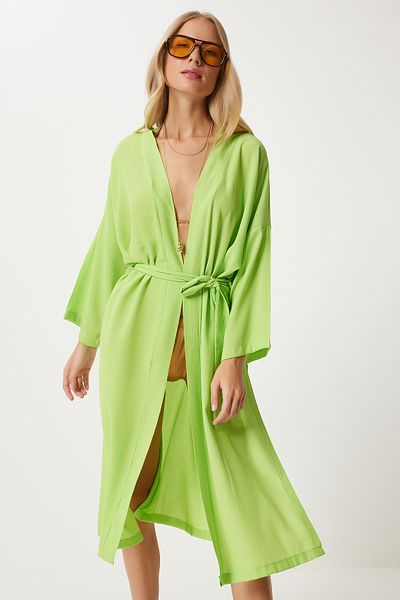 Happiness İstanbul Pistáciově zelené viskózové kimono – páskové a mačkané DD00958