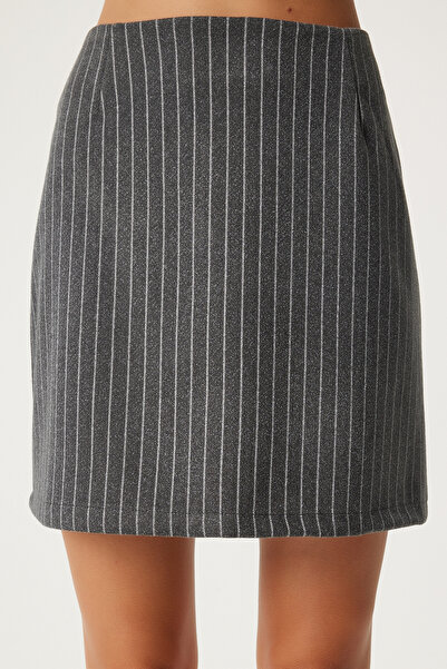 Happiness İstanbul Šedá proužkovaná dámská tužková sukně - Fn03312
