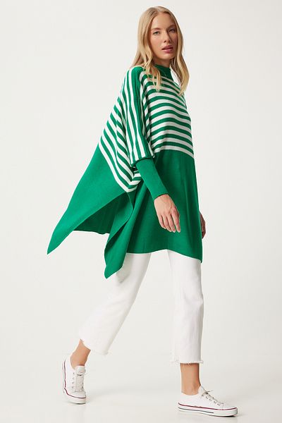 Happiness İstanbul Green StripedOversizePoncho Sweater - Side Slit Dd01336