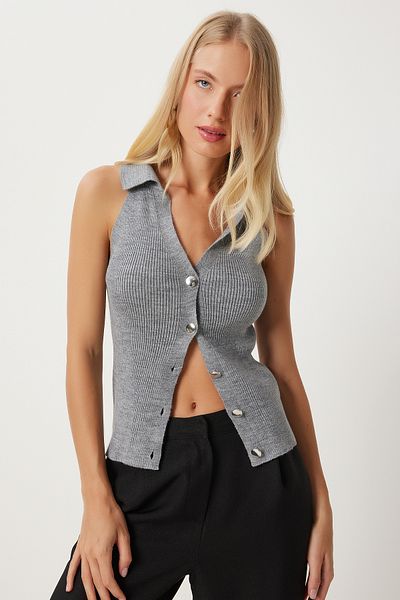 Happiness İstanbul Corded KnitwearPoloCollar Women's Vest - Gray Fn03302