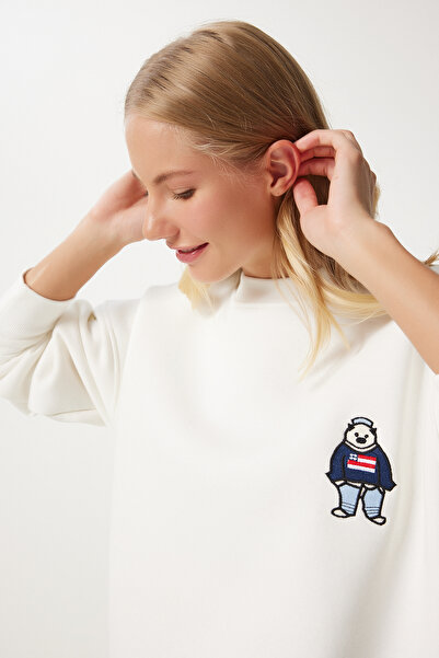 Happiness İstanbul Ecru EmbroideredOversizeDámská mikina- vyšívaná a šál Nj00160