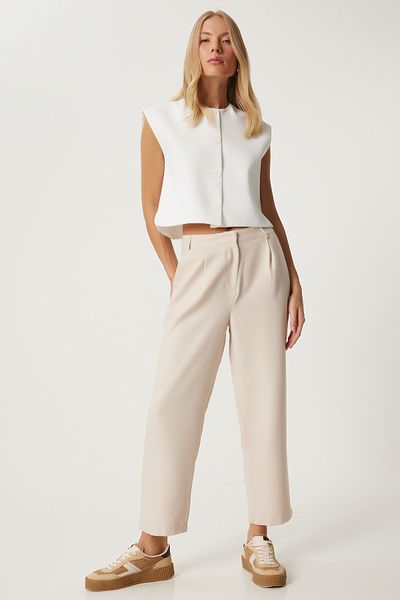 Happiness İstanbul Cream Colored Women's Woven Trousers - Pipe Leg Fn03310