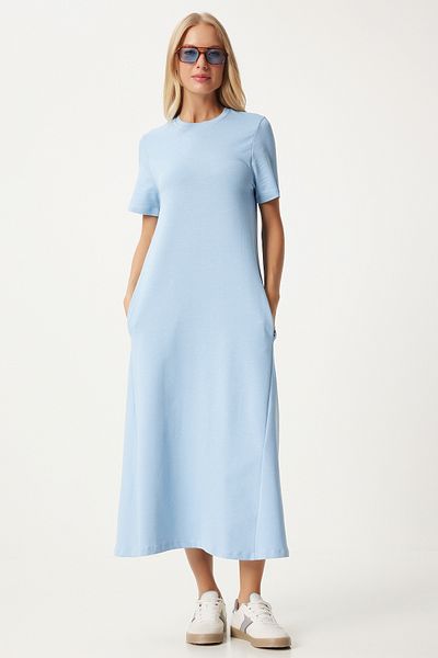 Happiness İstanbul Himmelblaues A-Linien-Sommerkleid aus gekämmter Baumwolle für Damen UB00060
