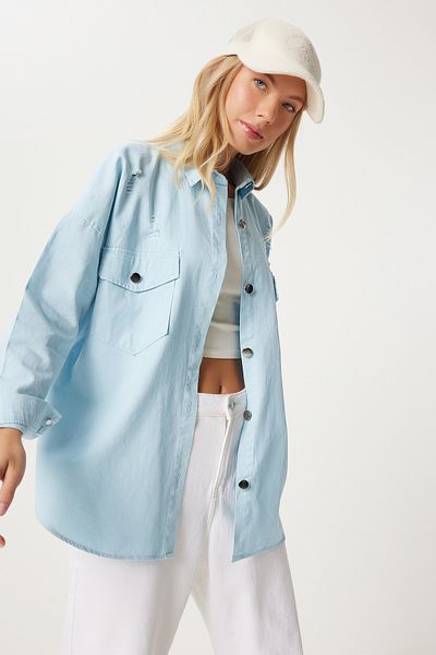 Happiness İstanbul Jachetă cămașă de damă din gabardină oversize albastru - cu buzunare, DX00017