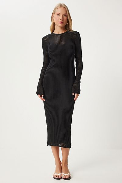 Happiness İstanbul Schwarzes, leichtes Strickkleid - Transparentes Design Fn03326