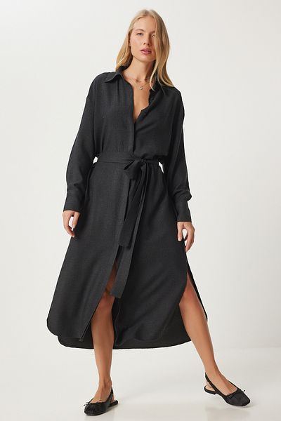 Happiness İstanbul Black Long Shirt Dress - Slit and Sash Detail Fn03314