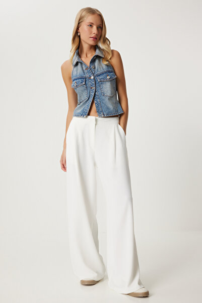 Happiness İstanbul Kadın Beyaz Pileli Dokuma Palazzo Pantolon UL00038