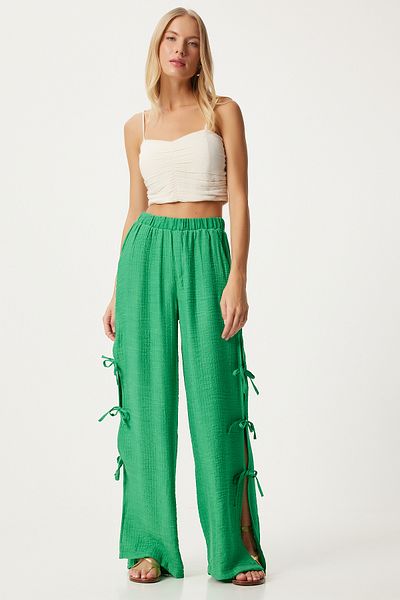 Happiness İstanbul Green linen Trousers - Bow Detail and Slit FN03298