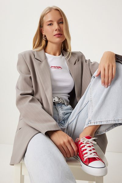 Happiness İstanbul Nerzfarbene, dünn gestreifte Oversize-Damenjacke - Zweireihig TO00152