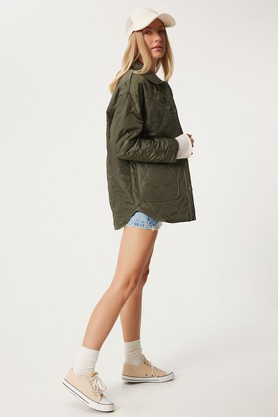 Happiness İstanbul KHaki Oversize Quilted Women's Coat - Pocketed, FO00001